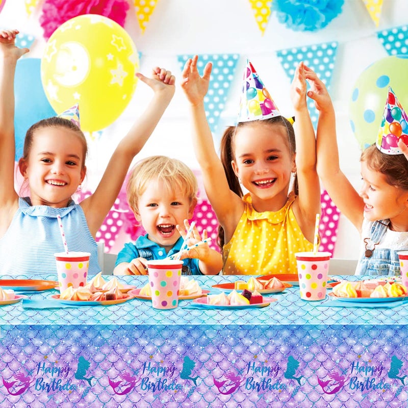 DaiUni 1PCS Mermaid Birthday Tablecloth for Birthday Party Decoration  Plastic Disposable Rectangle Table Cover for Kids Girls Party Supplies  54"" x 108"" - Image 4